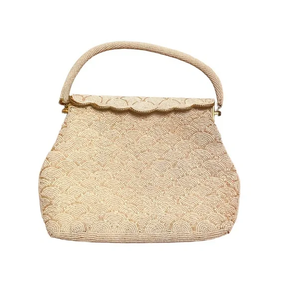 Vintage Beaded Purse Scalloped Design White and Gold - Picture 2 of 8